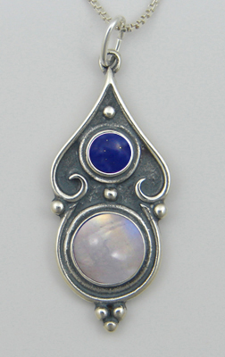 Sterling Silver Romantic Necklace Rainbow Moonstone And Lapis Lazuli